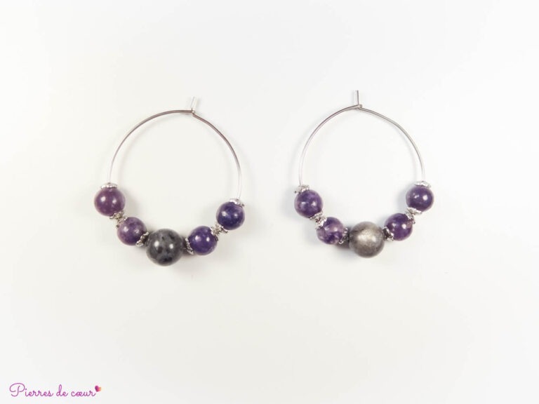 Boucles d'oreilles créoles en Lépidolite et Larkivite